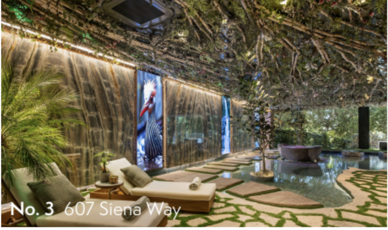 Luxurious indoor wellness space at 607 Siena Way featuring a tranquil pool, stone pathway, lounge chairs, lush greenery, and a nature-inspired ceiling design.